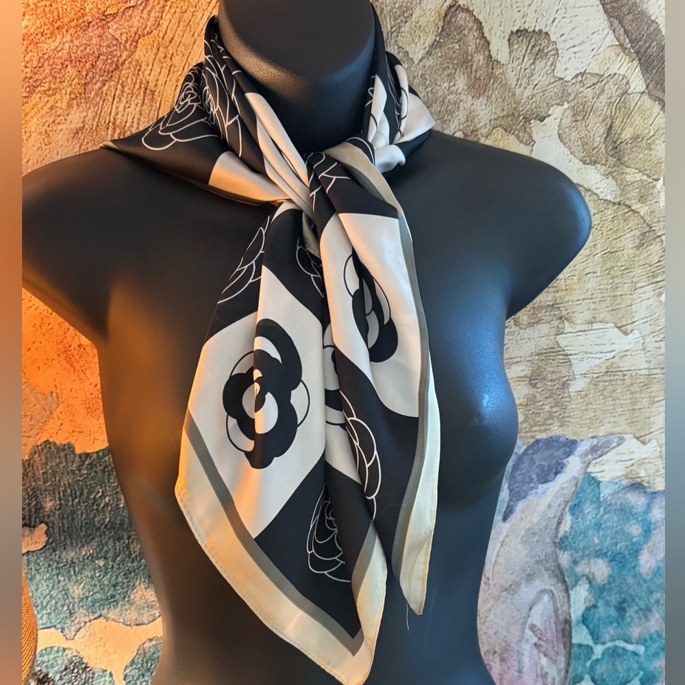 Black and White Floral Scarf Silk - Picture 3 of 4